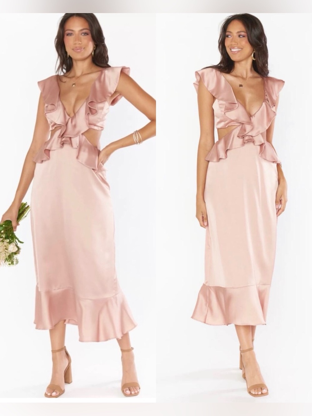 NWT Show Me Your Mumu Zoey Satin Midi Dress Rose Gold, Large